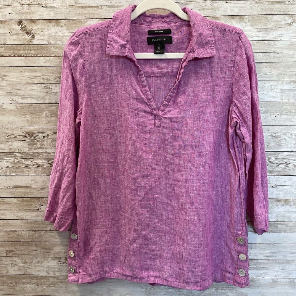Tahari Womens S Blouse Purple Pink Linen Tunic Top 3/4‎ Sleeve V-Neck Buttons